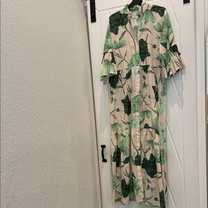 Tiered Leaf-Print Maxi Dress in Green and Cream